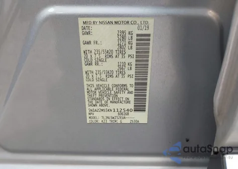 2019 Nissan Murano Platinum from USA, damaged, VIN 5N1AZ2MS5KN112540